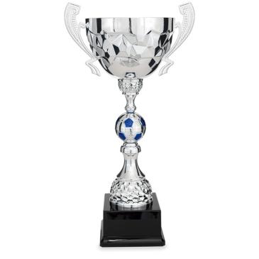 Copa plateada con asas y pelota de fútbol