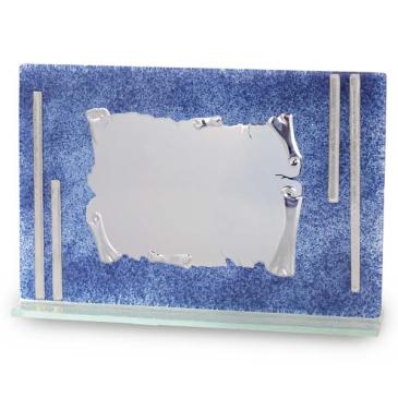 Placa de homenaje de Cristal de Murano azul con pergamino