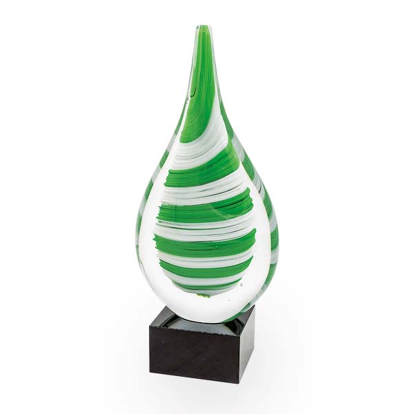 Trofeo cristal en gota blanco y verde con estuche